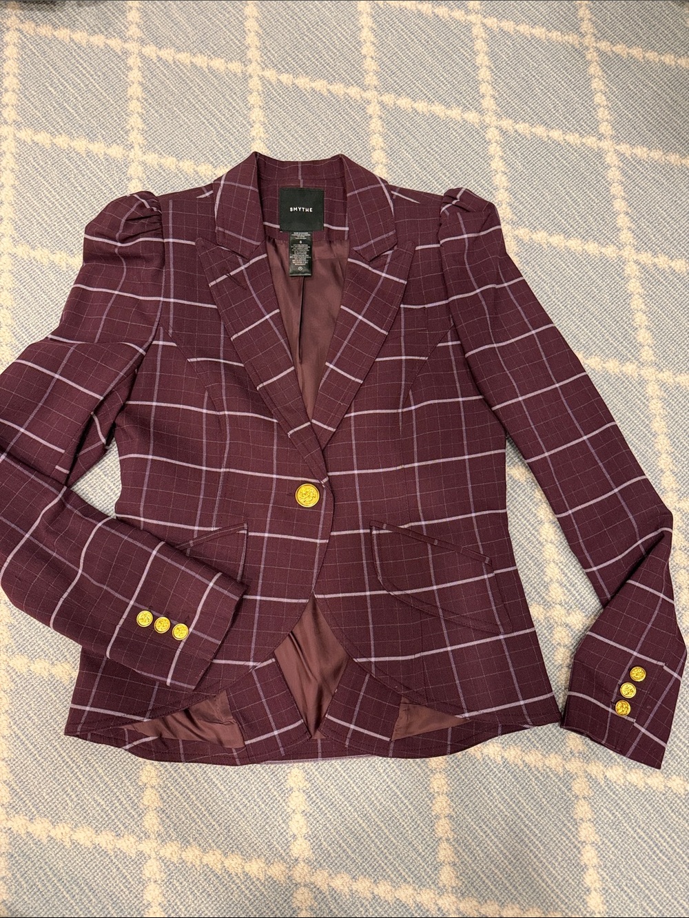 Smythe Wine Plaid Single-Button Blazer with Gold Buttons